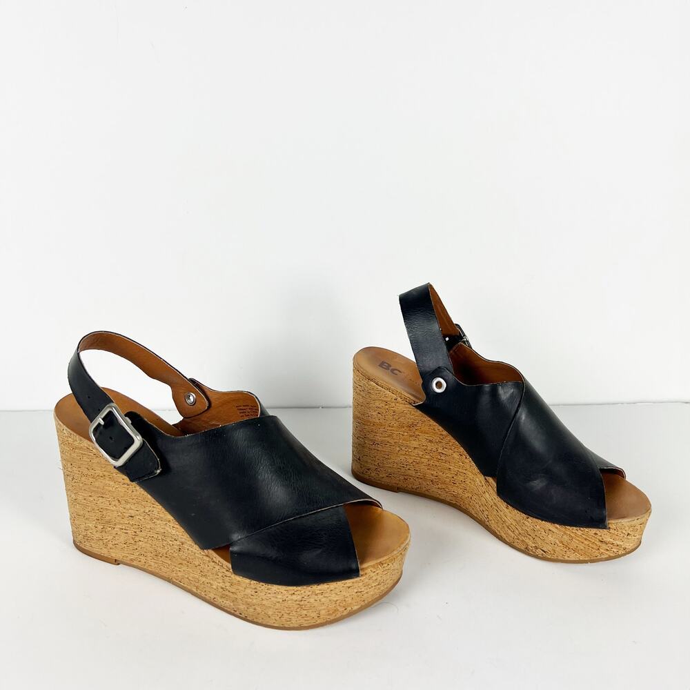 BC Born in California cork wedge vegan leather platform sandals Size 8 1/2